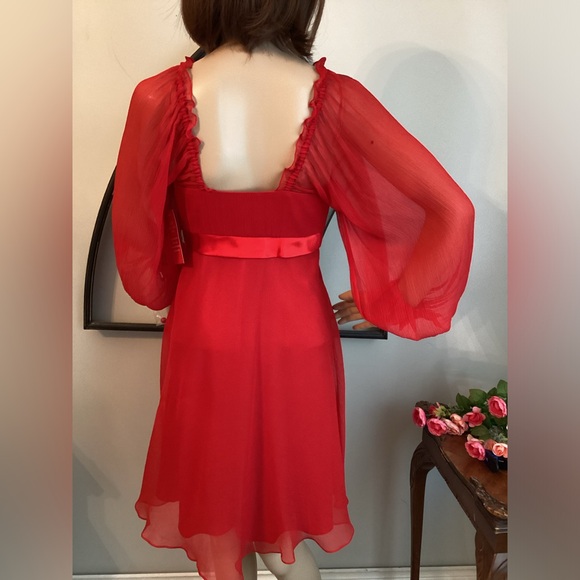 BARRIE PACE Silk Red Dress ON or OFF The Shoulder with Long Full Sleeves - Picture 5 of 10